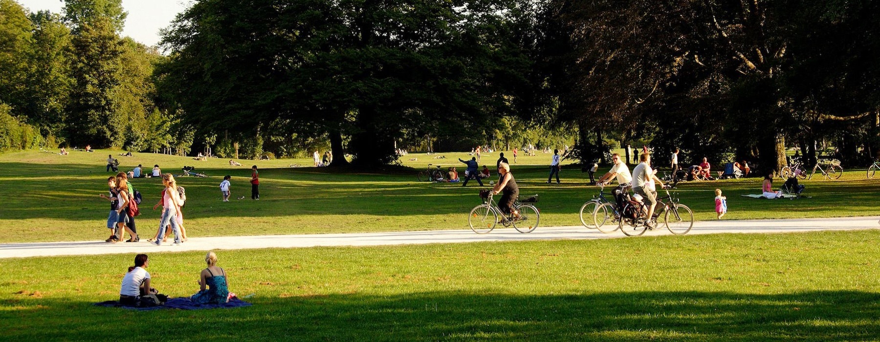 A park with many people riding bikes, having a picnic, and walking.