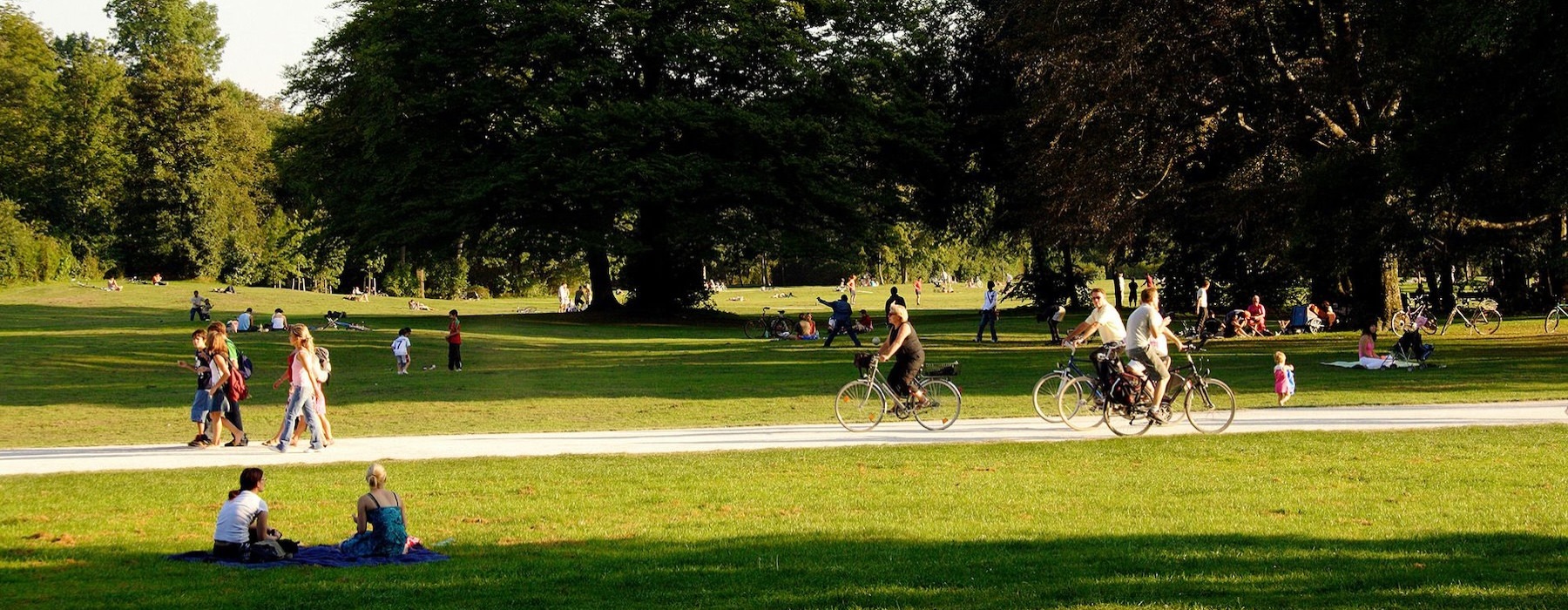 A park with many people riding bikes, having a picnic, and walking.