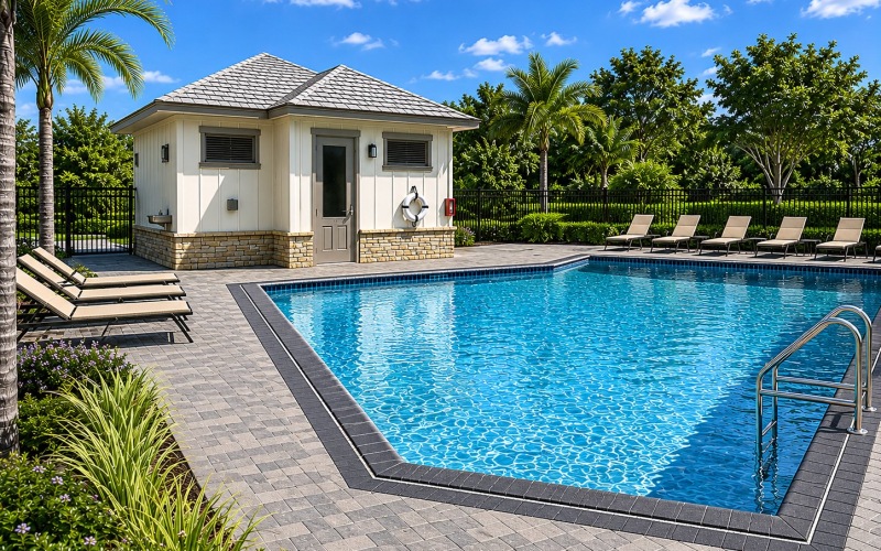 a swimming pool with chairs around it